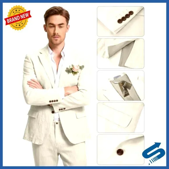 Men's Slim Fit Linen Blend Suit 2-Piece Set Formal Casual Wedding